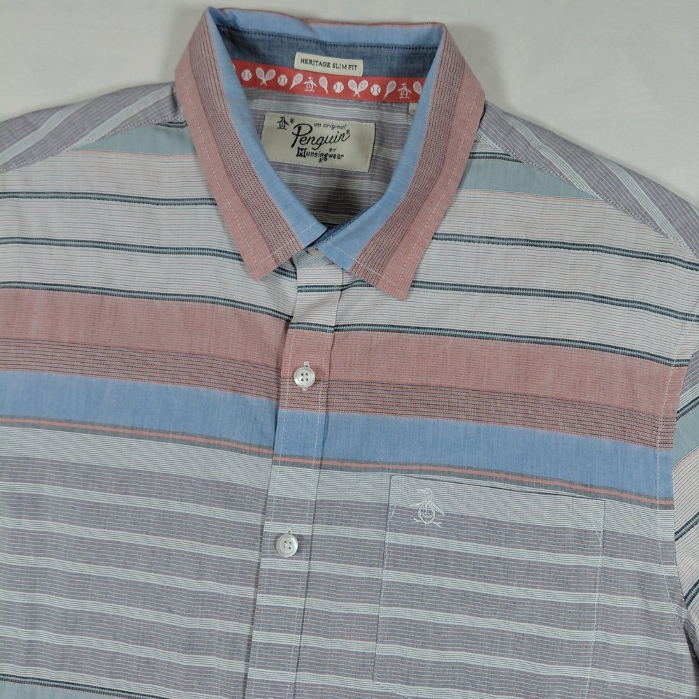 Original Penguin Heritage Slim Fit Short Sleeve Striped Button Down‎ Shirt Large